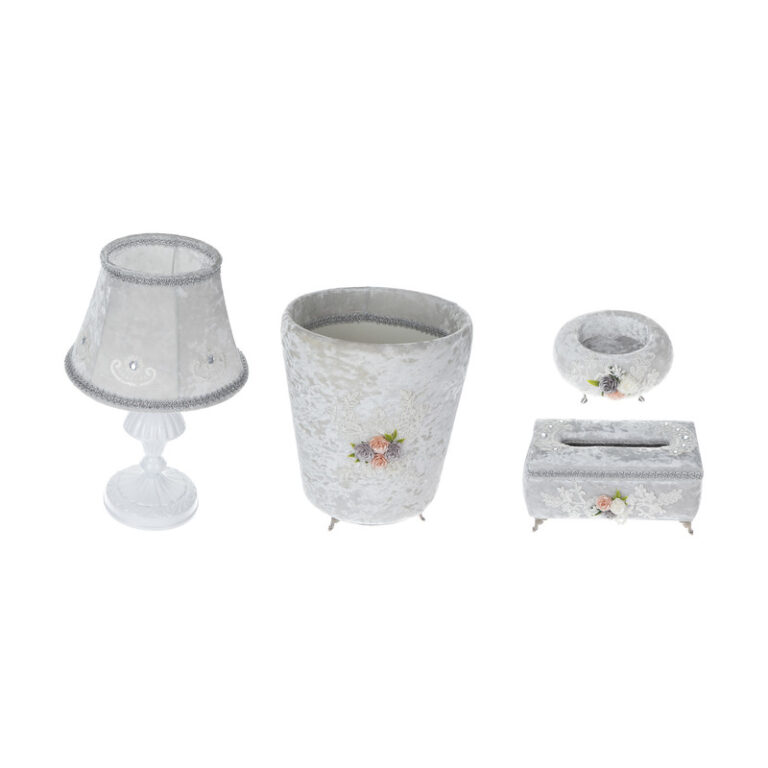 ست سطل زباله و جای دستمال کاغذی کد 002 به همراه آباژور و استند جواهر