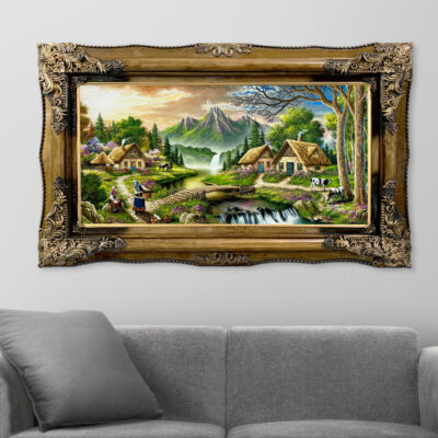 تابلو فرش ماشینی طرح دستبافت مدل روستا کد 7466