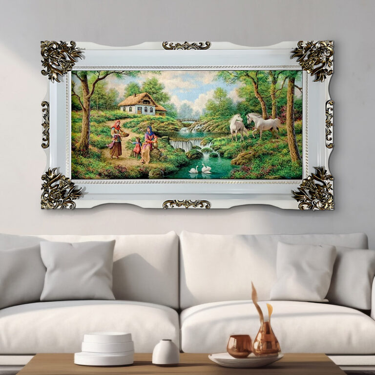 تابلو فرش ماشینی طرح دستبافت مدل روستا کد 8422