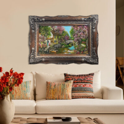 تابلو فرش دستباف طرح منظره پل و رودخانه