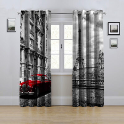 پرده مدل پانچی طرح ماشین و برج ایفل سایز 280x145 سانتی متر